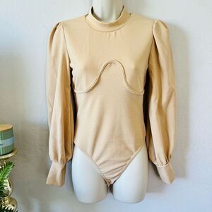 Pretty Little Thing nude bodysuit with puff sleeves, sexy bodycon fit, mock neck